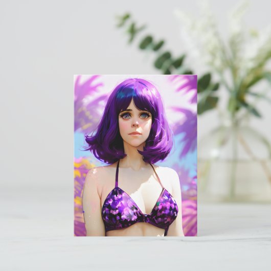 紫色の髪と紫色のビキニのはがきを持つ女性 ポストカード (スタンド正面)