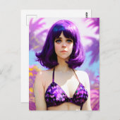 紫色の髪と紫色のビキニのはがきを持つ女性 ポストカード (正面/裏面)