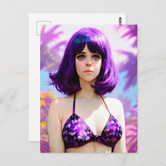 紫色の髪と紫色のビキニのはがきを持つ女性 ポストカード (正面/裏面)