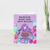 紫色の髪のアニメのティーンエイジャーがバースデーケーキを持っている カード (正面)