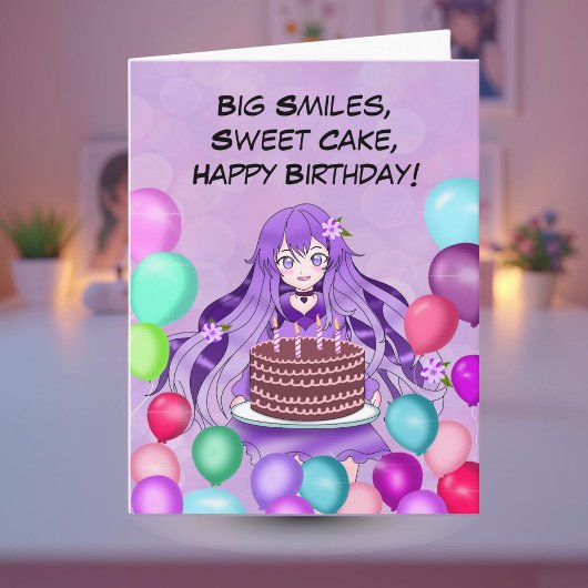 紫色の髪のアニメのティーンエイジャーがバースデーケーキを持っている カード