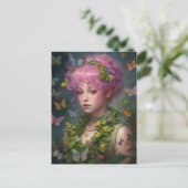 紫色の髪の花と蝶の女性 ポストカード (スタンド正面)