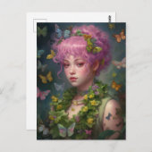 紫色の髪の花と蝶の女性 ポストカード (正面/裏面)