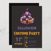 紫色の髪の魔女とカボチャ黒ハロウィーン 招待状 (正面/裏面)
