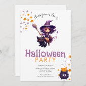 紫色の髪の魔女と黒猫のハローウィンパーティ 招待状 (正面/裏面)