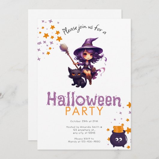 紫色の髪の魔女と黒猫のハローウィンパーティ 招待状 (正面/裏面)