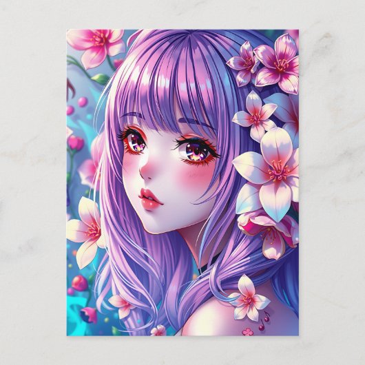 紫色の髪をした美しいアニメガール ポストカード (正面)