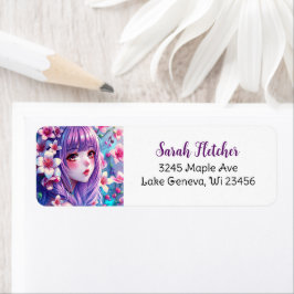 紫色の髪をした美しいアニメガール ラベル