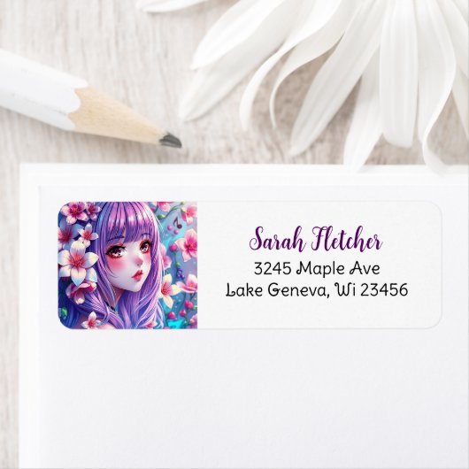 紫色の髪をした美しいアニメガール ラベル (インサイチュ)