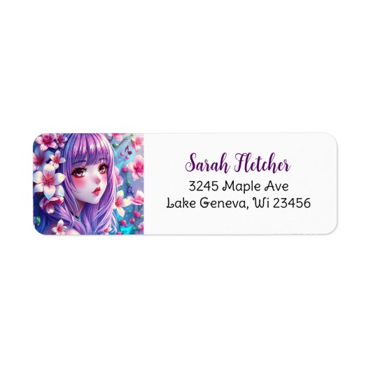 紫色の髪をした美しいアニメガール ラベル (正面)