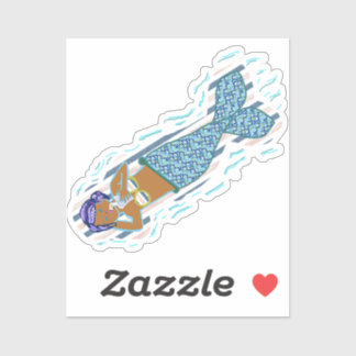 紫色の髪、ブルーテールマーメイド飲み物を飲む シール