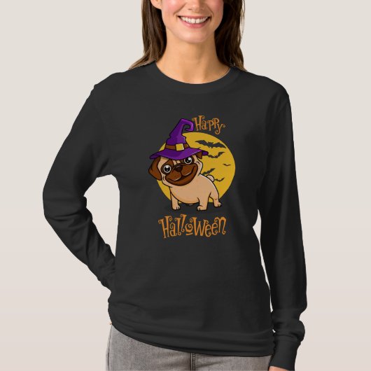 紫色の魔女ハットハロウィンのかわいいパグ Tシャツ (正面)