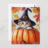 紫色の魔女帽をかぶったカボチャのかわいい子猫 ポストカード (正面/裏面)