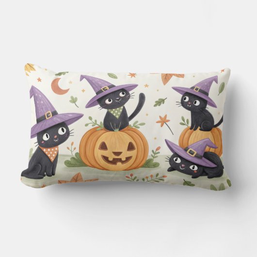 紫色の魔女帽をかぶった可愛い黒猫 ランバークッション (正面)