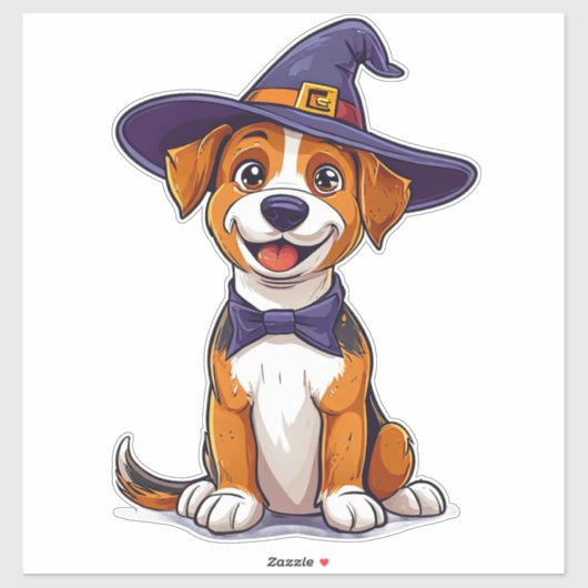 紫色の魔法使い帽子をかぶった愛らしい犬 シール (シート)