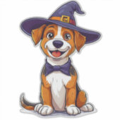 紫色の魔法使い帽子をかぶった愛らしい犬 シール (正面)