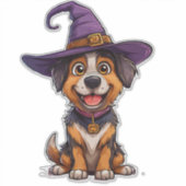 紫色の魔法使い帽子をかぶった愛らしい犬 シール (正面)
