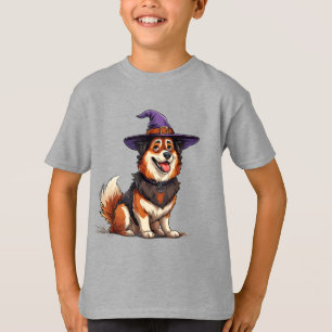 紫色の魔法使い帽子をかぶった愛らしい犬 Tシャツ