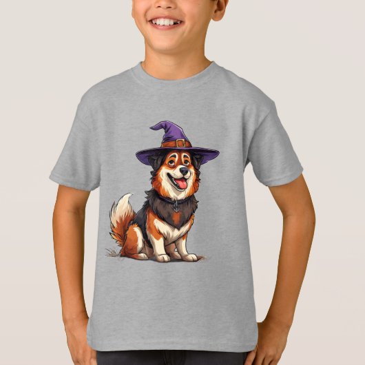 紫色の魔法使い帽子をかぶった愛らしい犬 Tシャツ (正面)