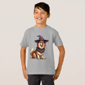 紫色の魔法使い帽子をかぶった愛らしい犬 Tシャツ (正面フル)