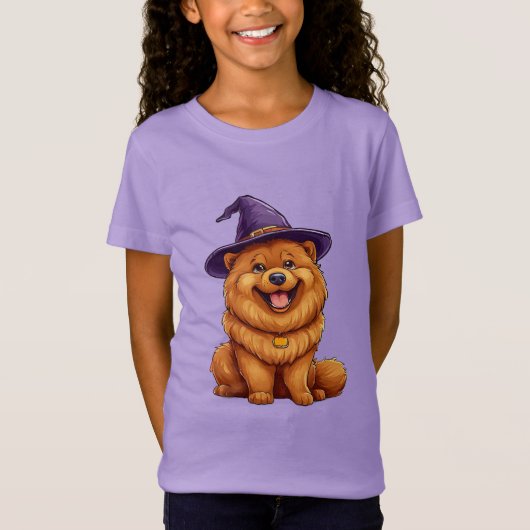 紫色の魔法使い帽子をかぶった愛らしい犬 Tシャツ (正面)