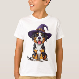 紫色の魔法使い帽子をかぶった愛らしい犬 Tシャツ