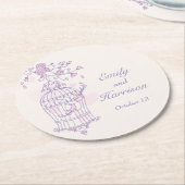 紫色の鳥とピンクの鳥がケージの結婚コースターを開く ラウンドペーパーコースター (アングル)