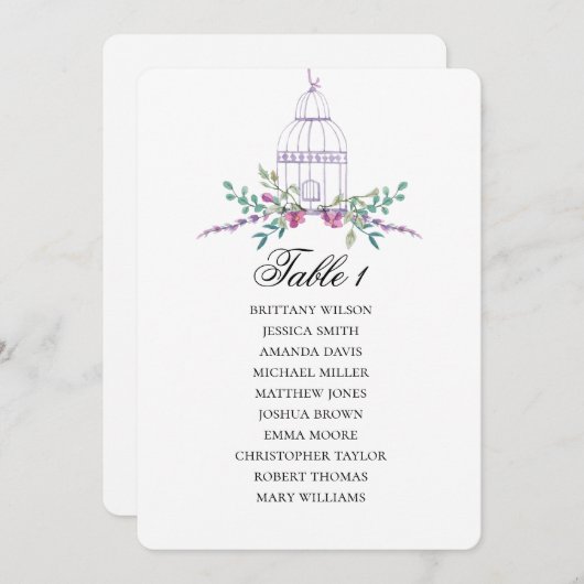 紫色の鳥小屋のシーティングチャート。フローラ結婚計画 招待状 (正面/裏面)