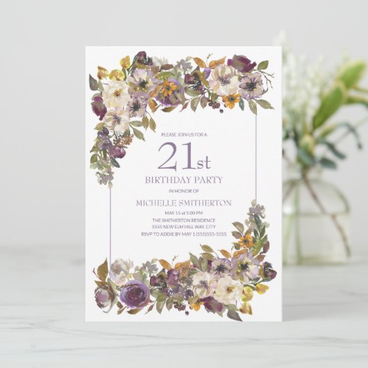 紫色の黄色いアイボリーフローラの葉21歳の誕生日 招待状 (スタンド正面)