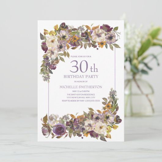 紫色の黄色いアイボリーフローラの葉30th誕生日 招待状 (スタンド正面)