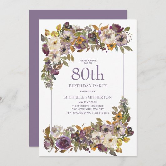 紫色の黄色いアイボリーフローラの葉80誕生日 招待状 (正面/裏面)