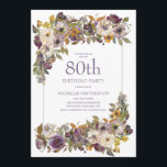 紫色の黄色いアイボリーフローラの葉80誕生日 招待状<br><div class="desc">緑の葉と美しい紫、アイボリー、マスタード黄色の水の色のフローラ80th誕生日パーティーの女性のための招待。連絡カスタマイズまたは一致する製品と一緒に私たち。</div>