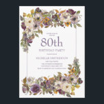紫色の黄色いアイボリーフローラの葉80誕生日 招待状<br><div class="desc">緑の葉と美しい紫、アイボリー、マスタード黄色の水の色のフローラ80th誕生日パーティーの女性のための招待。連絡カスタマイズまたは一致する製品と一緒に私たち。</div>