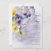 紫色の黄色いフローラの愛の開花モダンシャワー 招待状 (正面)