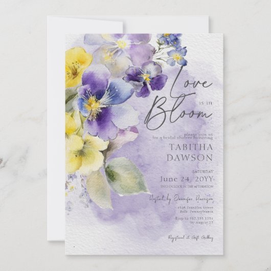 紫色の黄色いフローラの愛の開花モダンシャワー 招待状 (正面)