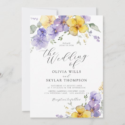 紫色の黄色いラベンダーの夏の花結婚の 招待状 (正面)