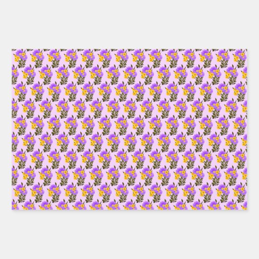 紫色の黄色いワイルドフラワーの写真アートワークのパターン ラッピングペーパーシート (正面2)