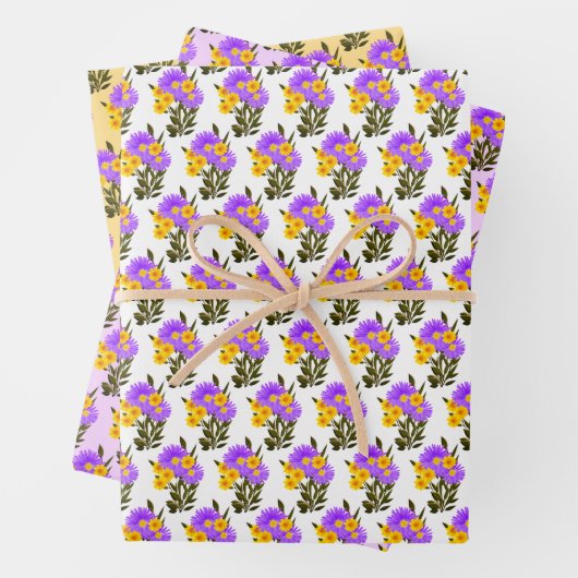 紫色の黄色いワイルドフラワーの写真アートワークのパターン ラッピングペーパーシート (インサイチュ)