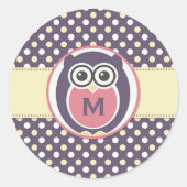 紫色の黄色い夜型フクロウ漫画モノグラムスタンプ ラウンドシール (正面)