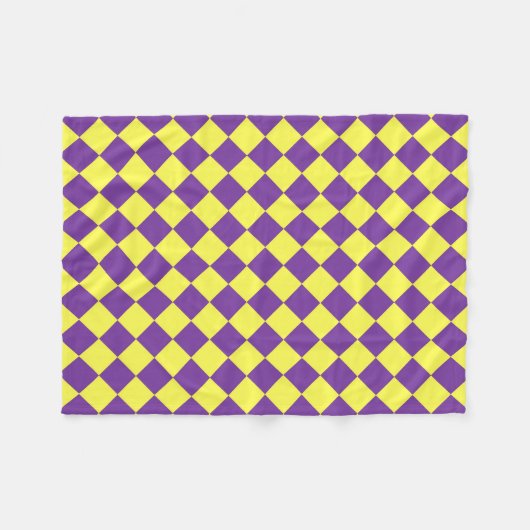 紫色の黄色い市松模様にダイヤモンド模様 フリースブランケット (正面(横))