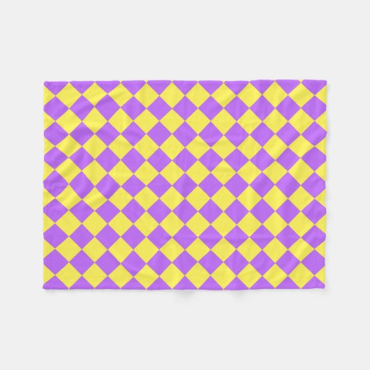 紫色の黄色い市松模様にダイヤモンド模様 フリースブランケット (正面(横))