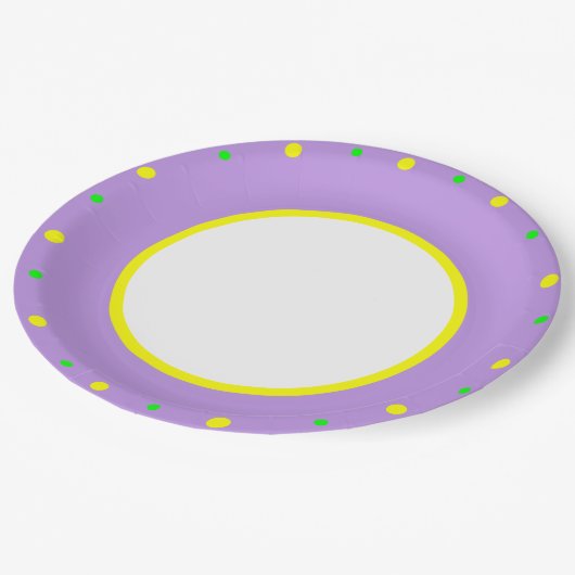 紫色の黄色い緑のジオメトリック水玉模様 ペーパープレート (アングル)