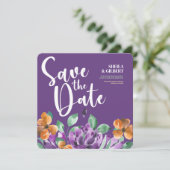 紫色の黄色い花が日付を保存 招待状 (スタンド正面)
