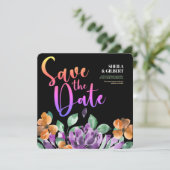 紫色の黄色い花が日付を保存 招待状 (スタンド正面)