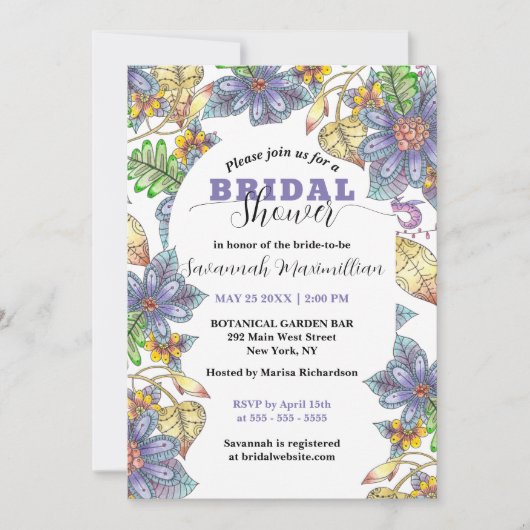 紫色の黄色い花と離れブライダルシャワー 招待状 (正面)