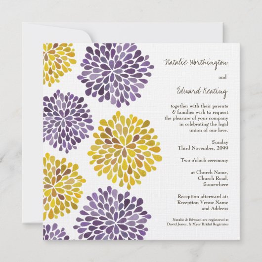 紫色の黄色い花を招待状結婚することは活気付きます 招待状 (裏面)