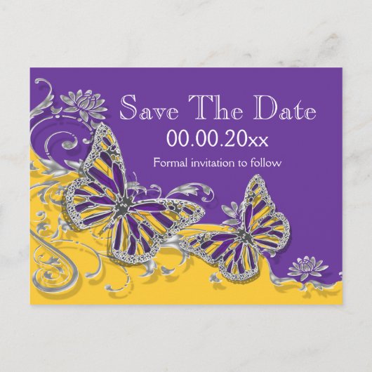 紫色の黄色い蝶結婚の婚約 案内ポストカード (裏面)