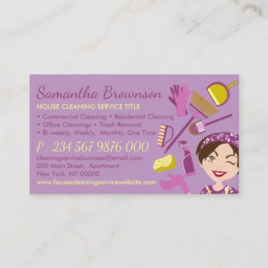 紫色の黄色のノートの側面の清掃の女性清掃 名刺 (正面)