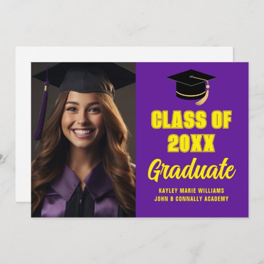 紫色の黄色の大学院の写真のモダン卒業 案内状 (正面/裏面)