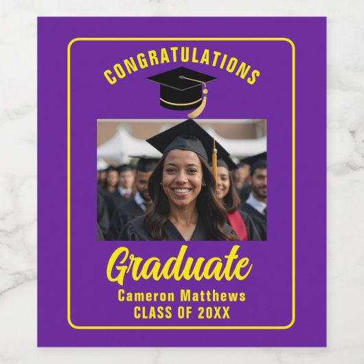 紫色の黄色の大学院の写真卒業パーティー ワインラベル (シングルラベル)